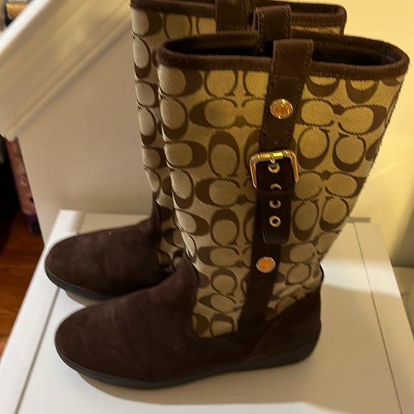 COACH TULLIP BROWN MONOGRAM BOOTS A7746 SIZE 6B TALL PULL UP BOOTS - Picture 2 of 9